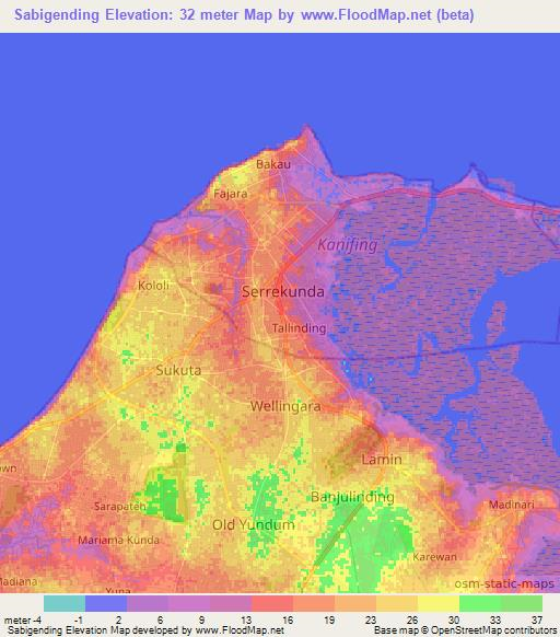 Sabigending,Gambia Elevation Map
