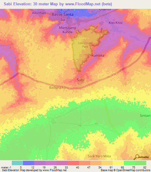 Sabi,Gambia Elevation Map
