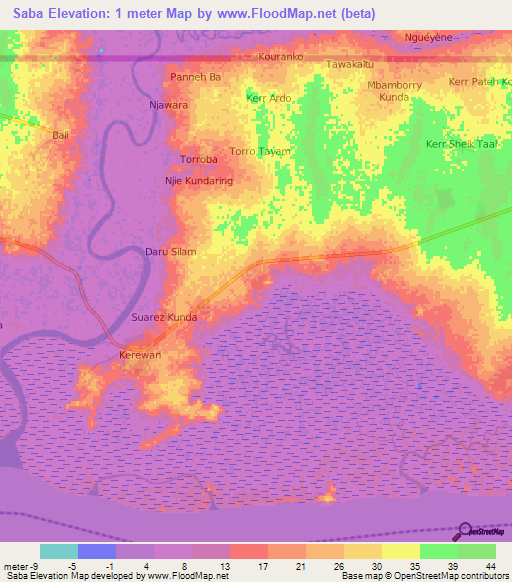 Saba,Gambia Elevation Map