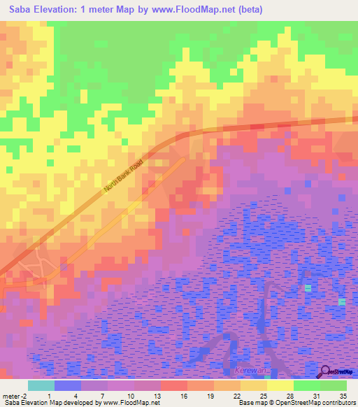 Saba,Gambia Elevation Map