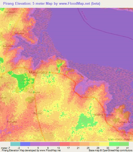 Pirang,Gambia Elevation Map