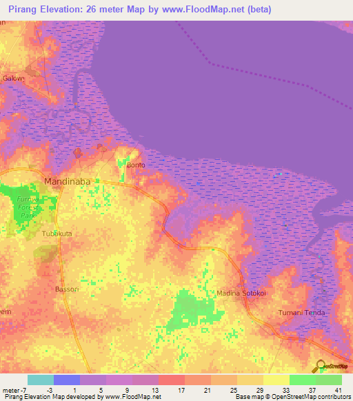 Pirang,Gambia Elevation Map