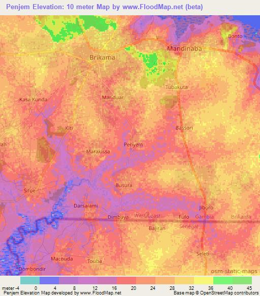 Penjem,Gambia Elevation Map