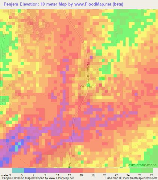 Penjem,Gambia Elevation Map