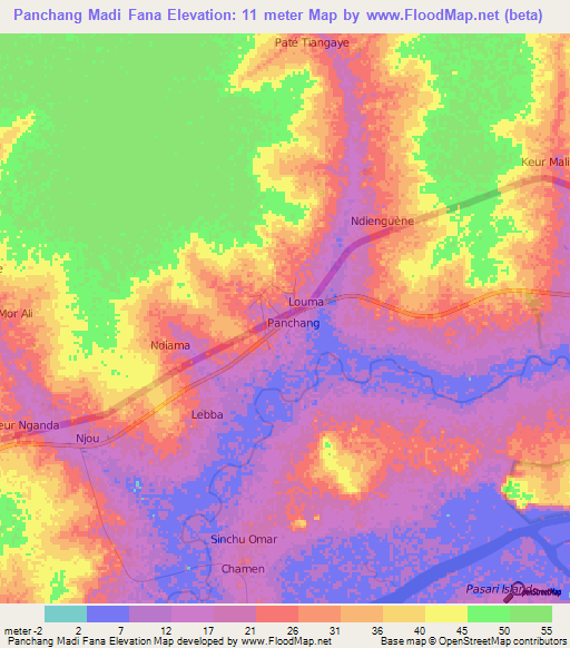 Panchang Madi Fana,Gambia Elevation Map