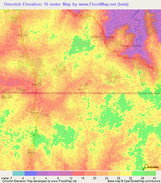 Omortoh,Gambia Elevation Map
