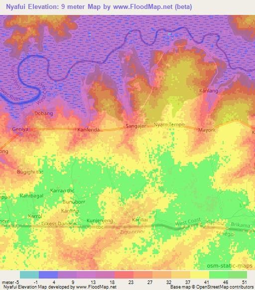 Nyafui,Gambia Elevation Map