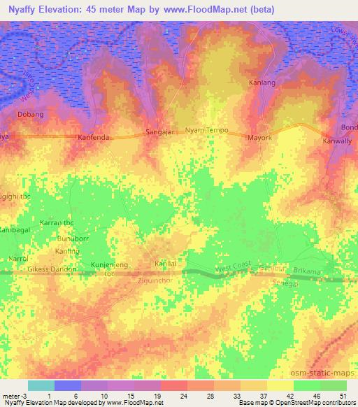 Nyaffy,Gambia Elevation Map