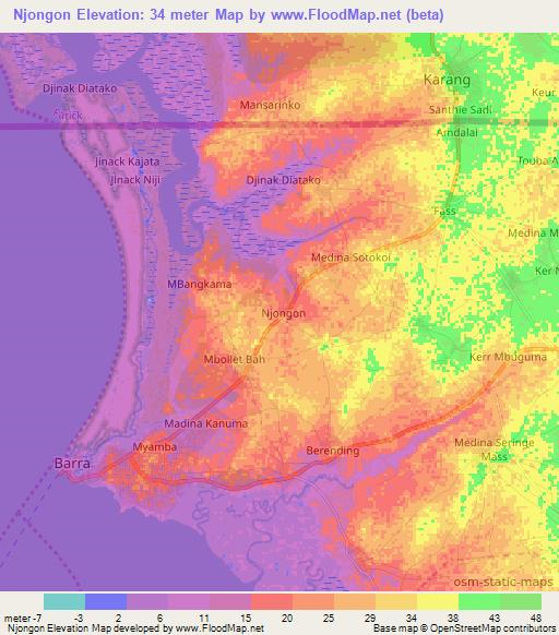 Njongon,Gambia Elevation Map