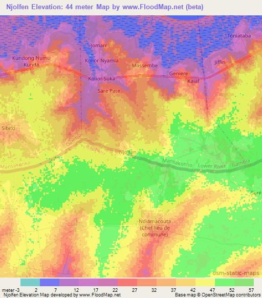Njolfen,Gambia Elevation Map