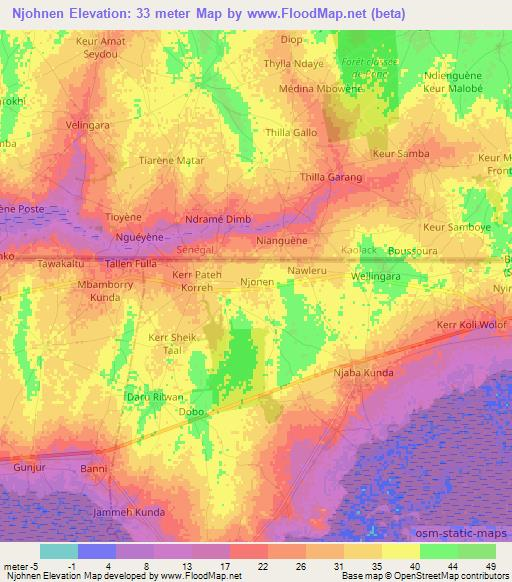 Njohnen,Gambia Elevation Map