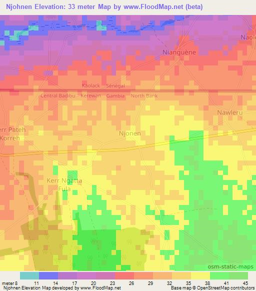 Njohnen,Gambia Elevation Map