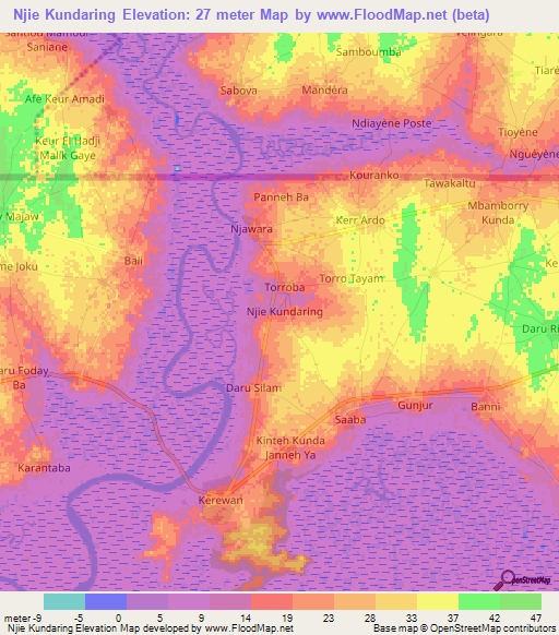 Njie Kundaring,Gambia Elevation Map