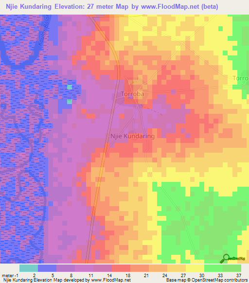 Njie Kundaring,Gambia Elevation Map