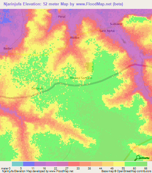 Njarinjufa,Gambia Elevation Map