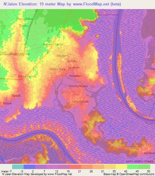 N'Jaien,Gambia Elevation Map