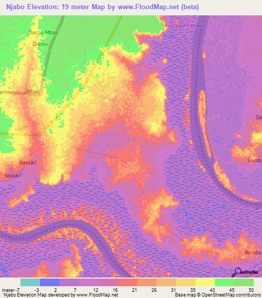 Njabo,Gambia Elevation Map