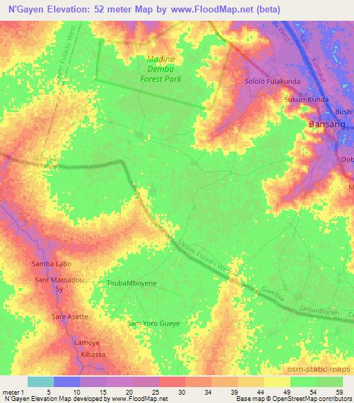 N'Gayen,Gambia Elevation Map