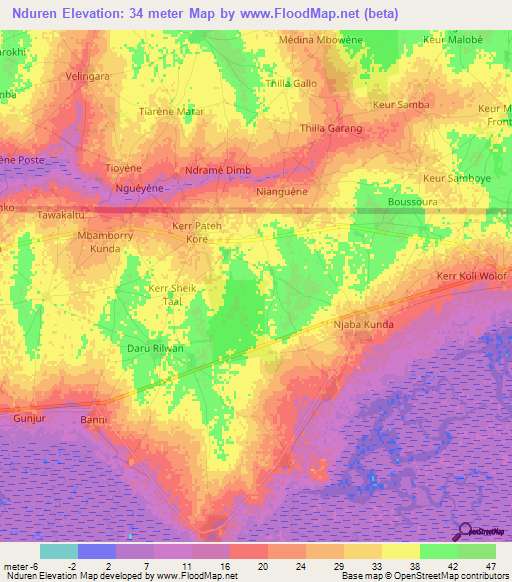 Nduren,Gambia Elevation Map