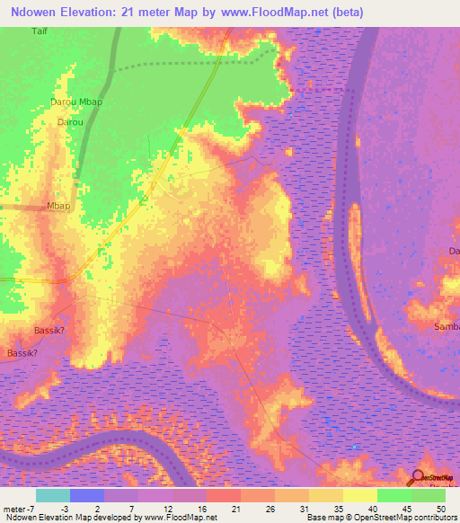 Ndowen,Gambia Elevation Map
