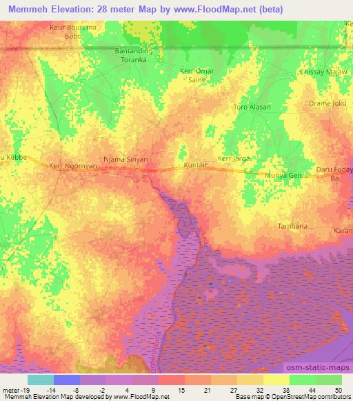 Memmeh,Gambia Elevation Map
