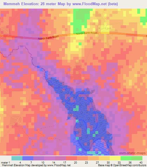 Memmeh,Gambia Elevation Map