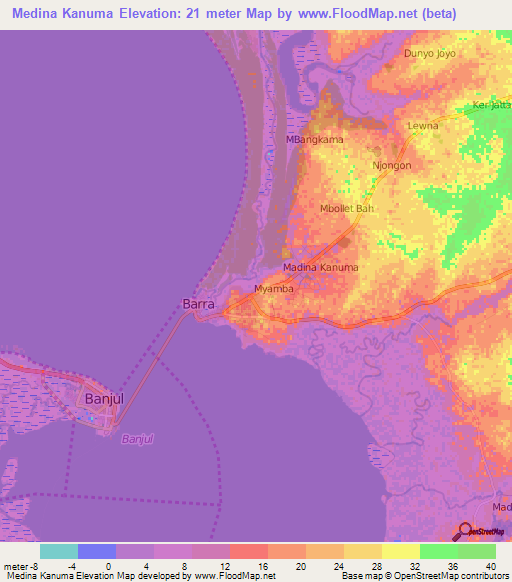 Medina Kanuma,Gambia Elevation Map