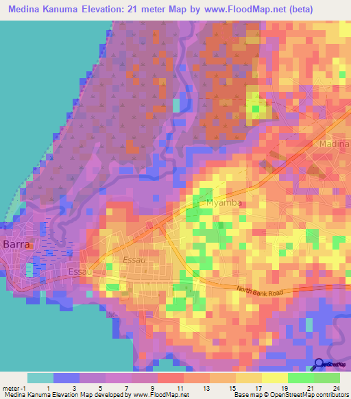 Medina Kanuma,Gambia Elevation Map