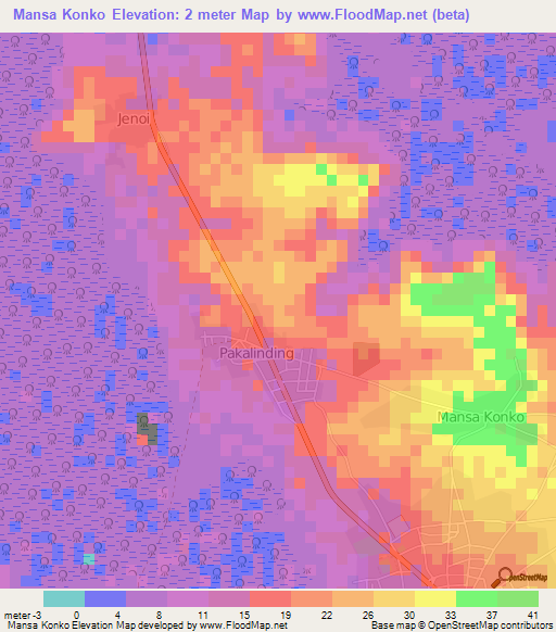 Mansa Konko,Gambia Elevation Map