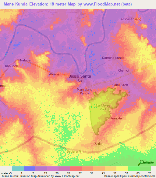 Mane Kunda,Gambia Elevation Map