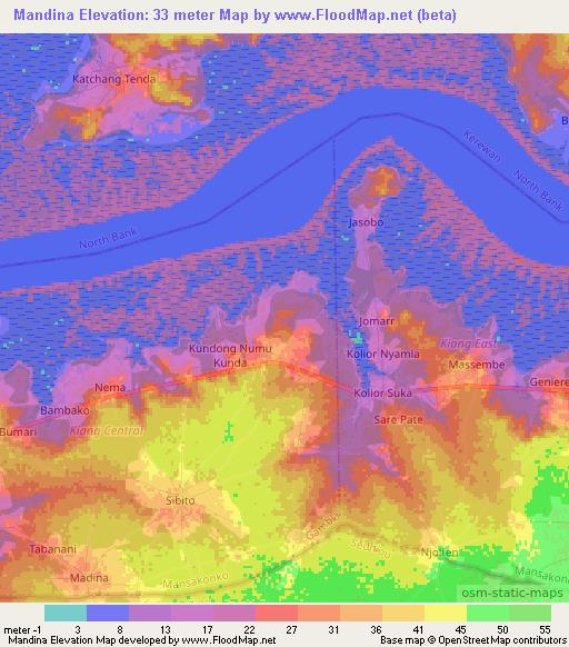 Mandina,Gambia Elevation Map