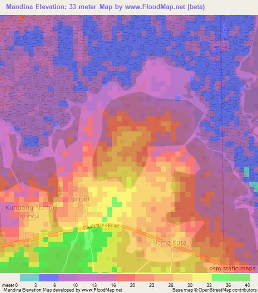 Mandina,Gambia Elevation Map