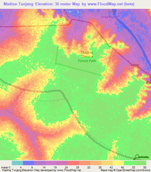 Madina Tunjang,Gambia Elevation Map