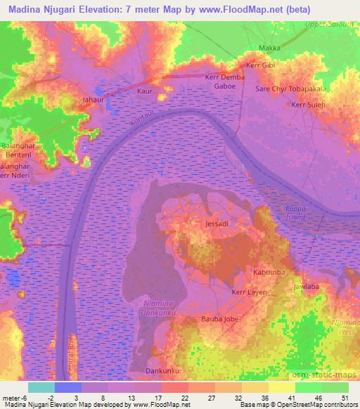 Madina Njugari,Gambia Elevation Map