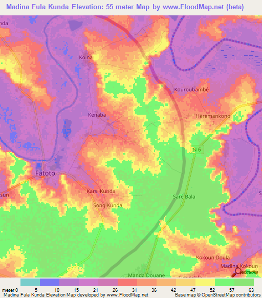 Madina Fula Kunda,Gambia Elevation Map