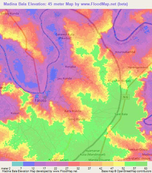 Madina Bala,Gambia Elevation Map