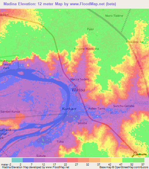 Madina,Gambia Elevation Map