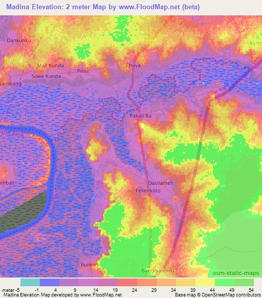 Madina,Gambia Elevation Map