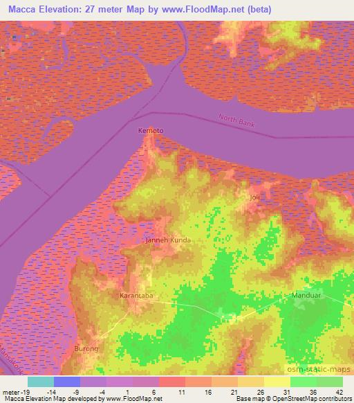 Macca,Gambia Elevation Map