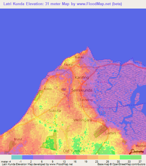 Latri Kunda,Gambia Elevation Map
