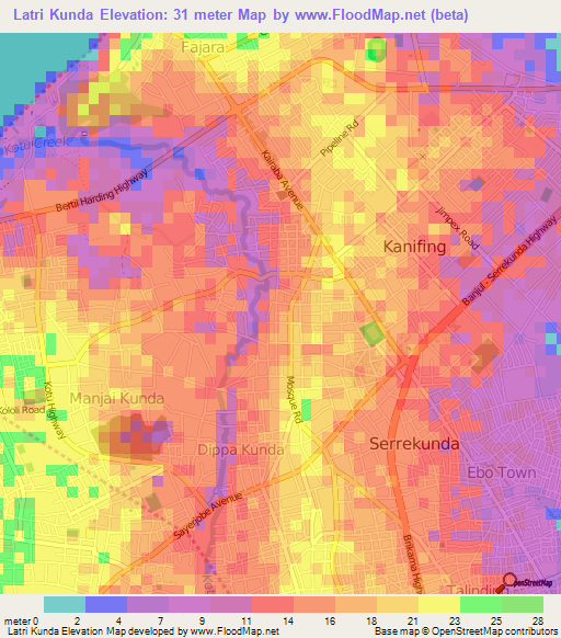 Latri Kunda,Gambia Elevation Map