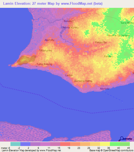 Lamin,Gambia Elevation Map