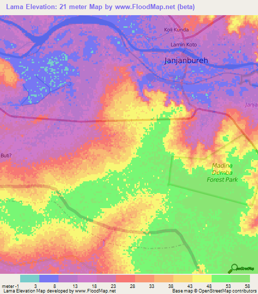 Lama,Gambia Elevation Map