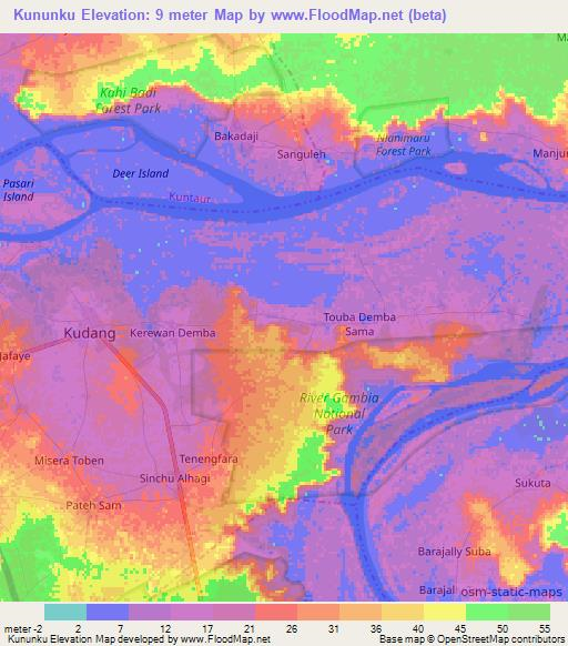 Kununku,Gambia Elevation Map