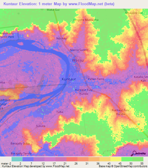 Kuntaur,Gambia Elevation Map