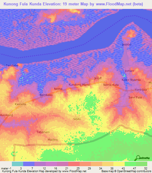 Kunong Fula Kunda,Gambia Elevation Map
