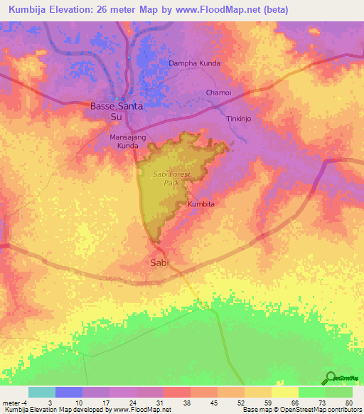 Kumbija,Gambia Elevation Map