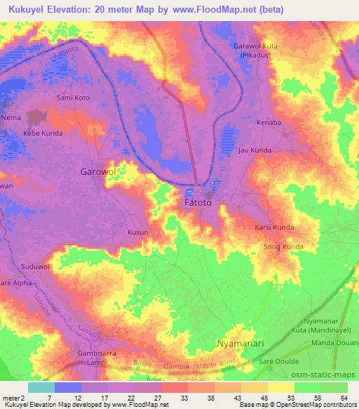Kukuyel,Gambia Elevation Map