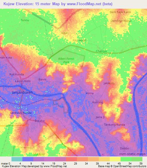 Kujew,Gambia Elevation Map