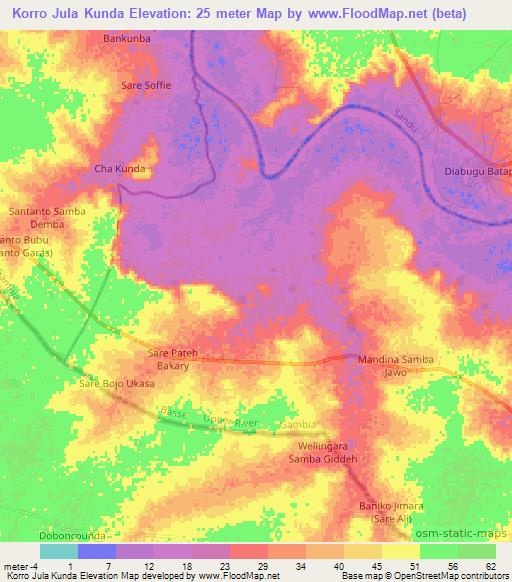 Korro Jula Kunda,Gambia Elevation Map